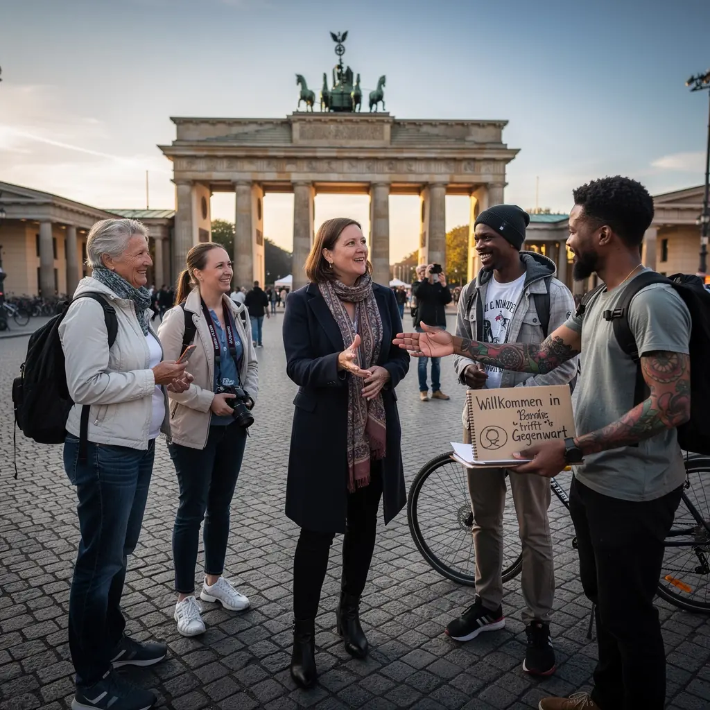 Touristen erkunden die engen Gassen einer charmanten deutschen Stadt während eines geführten Rundgangs.