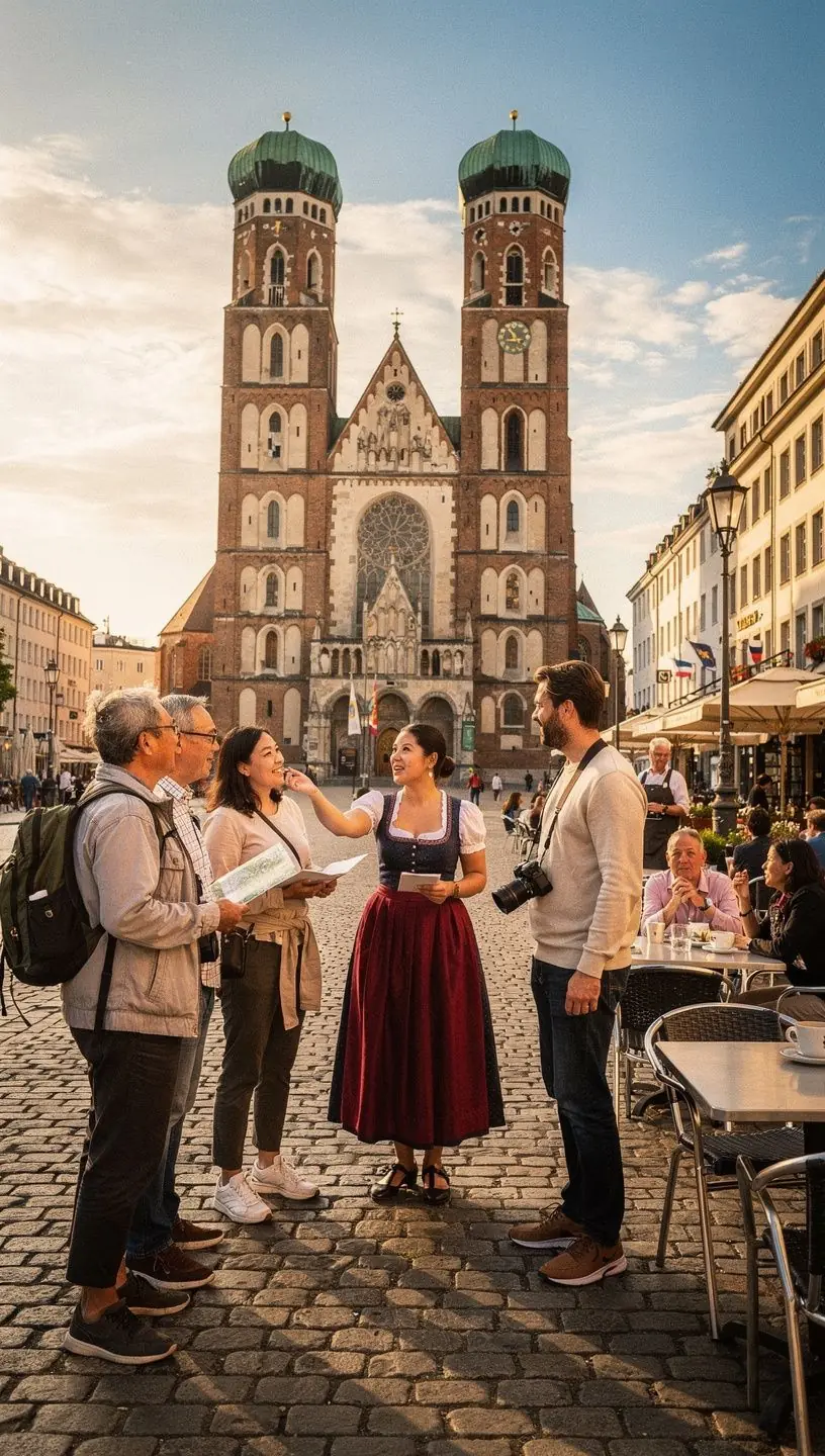 Eine Gruppe von Reisenden übt wichtige deutsche Redewendungen vor einem geschichtsträchtigen Hintergrund.